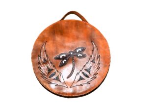 12" Drum bag with leather handle - butterfly and feathers front