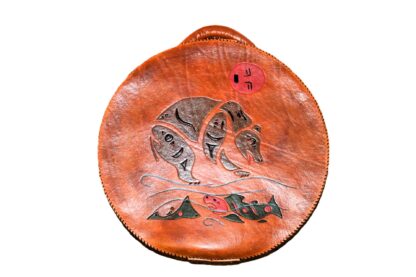 15" Drum bag with leather handle - Bear and Salmon Front with Butterfly and Feathers on back