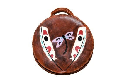 15" Drum bag with leather handle - Bear and Salmon Front with Butterfly and Feathers on back - Image 3